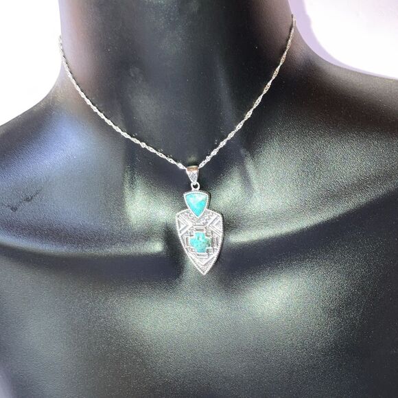 Turquoise Arrowhead Aztec Western Sterling Silver Enhancer Pendant With Chain - Picture 4 of 10